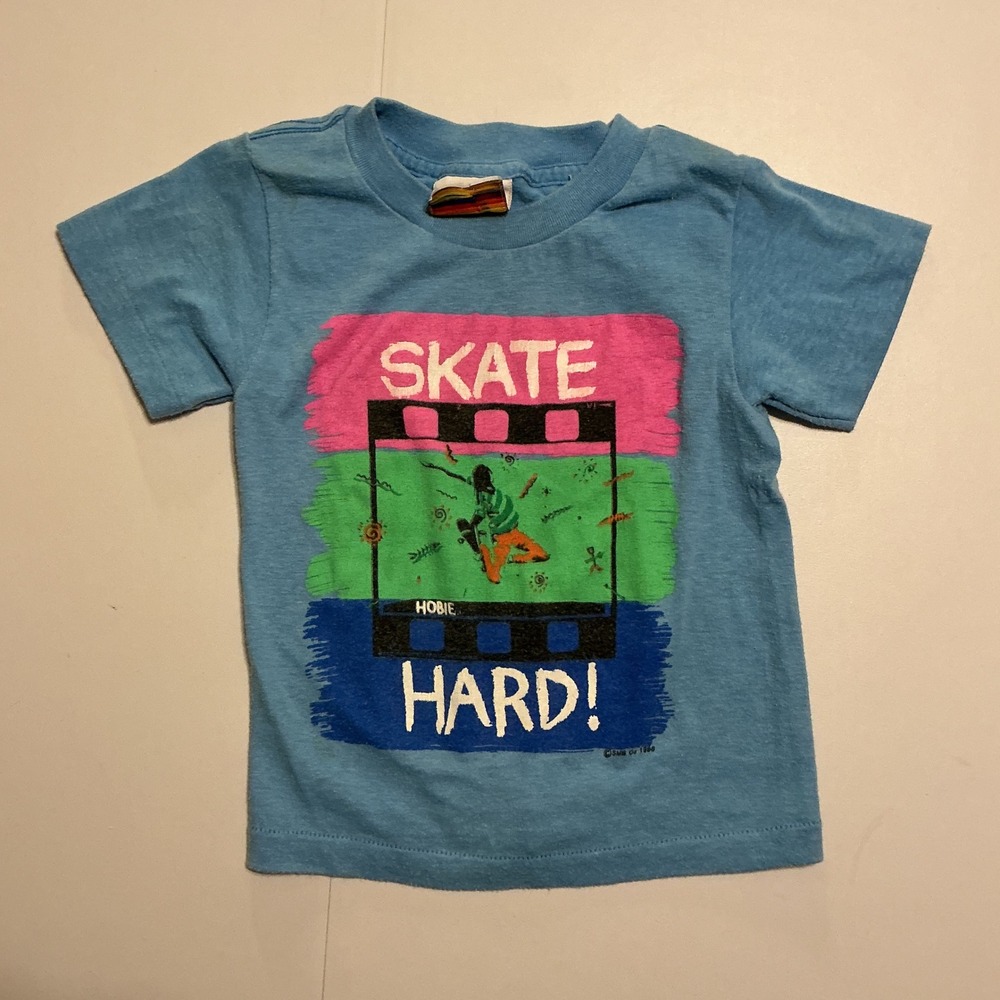 VTG Single Stitch 80s Hobie Skate Hard T Shirt Kids Sz 4 Blue Neon Surf Skater